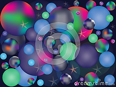 Multi-colored bright balls and stars against the dark blue night sky. Vector Illustration
